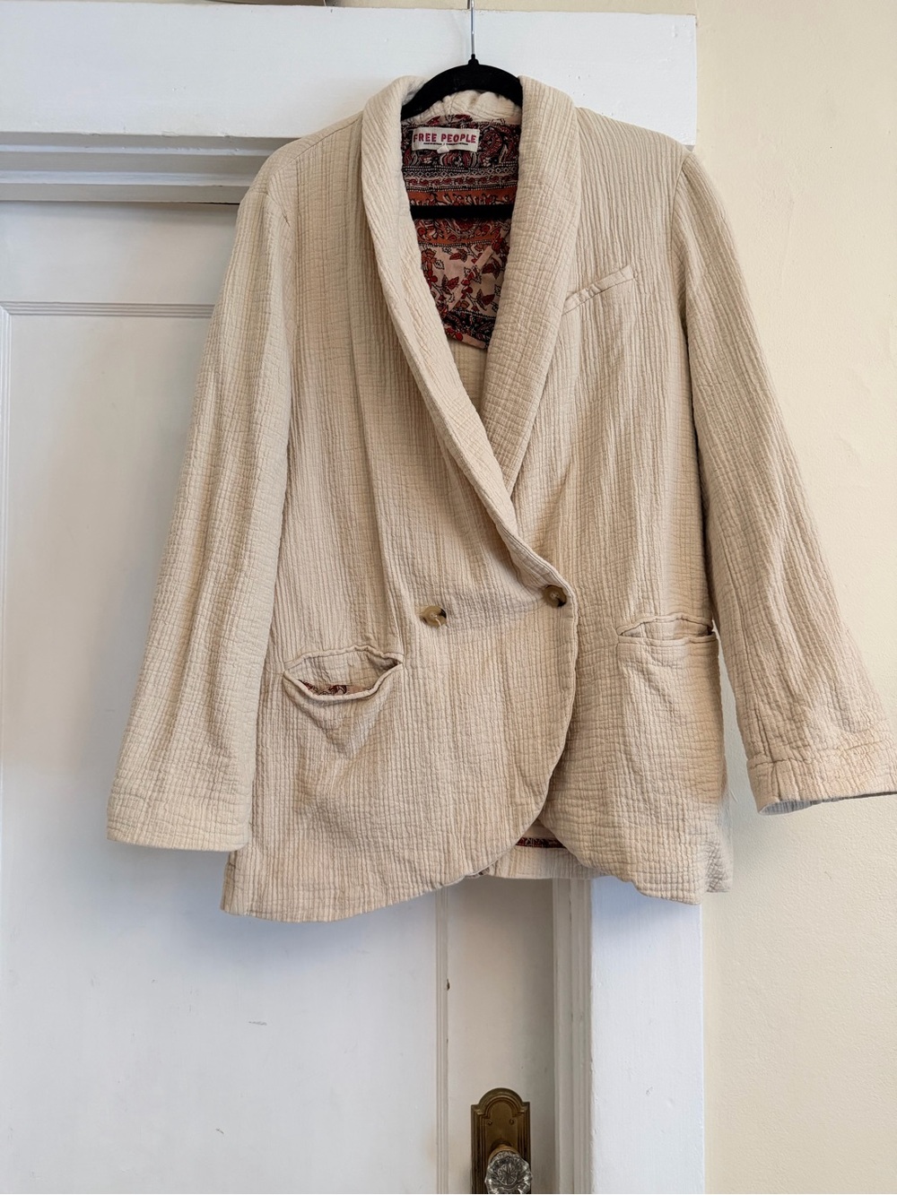 Free People Rowan Blazer M Ivory Cotton Gauze Paisley Lined Boho